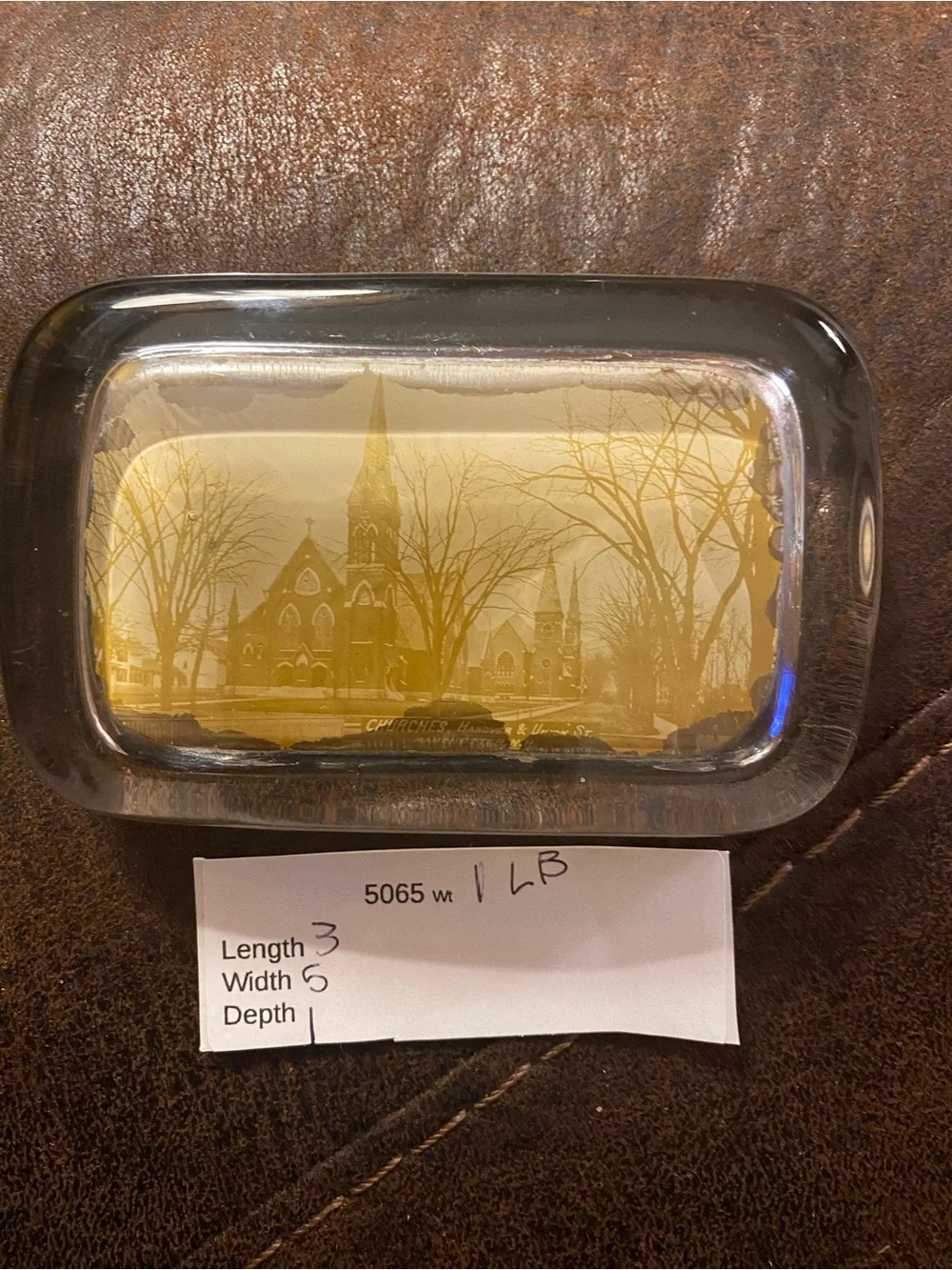 Antique Pyrophoto Co. Clear Sepia Glass Paperweight Churches Manchester NH